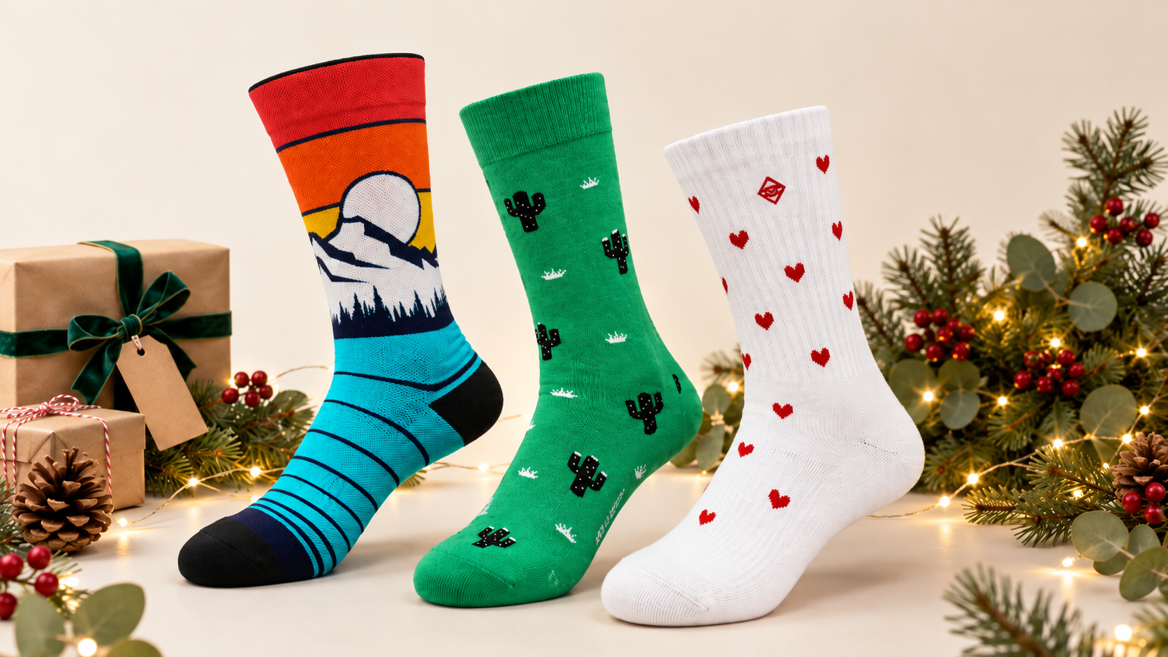 Sélection de chaussettes originales YouSocks pour un cadeau Secret Santa : Montagne, Cactus et Cœurs rouges